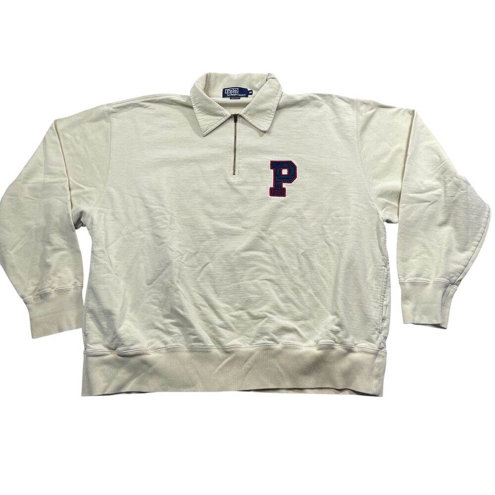 Polo‎ By Ralph Lauren Medium Beige "P" 1/4 Zip 100% Cotton (small stain)